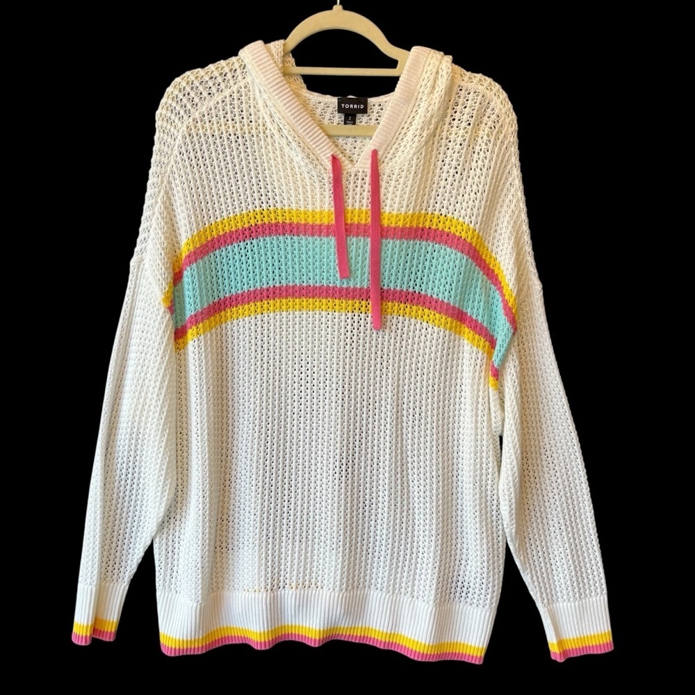 Torrid Open knit Hoodie Sweater 2X White striped Long sleeve Hooded Pullover
